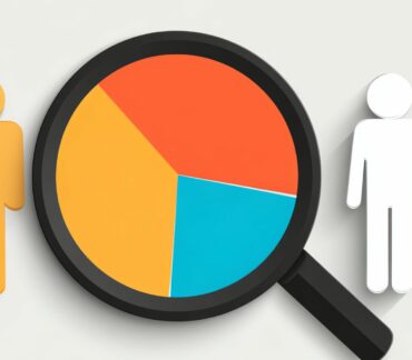Illustration représentant un groupe de silhouettes de personnes stylisées (trois à gauche, trois à droite) avec une grande loupe au centre. La loupe magnifie un graphique circulaire (camembert) divisé en trois segments de couleurs (orange, jaune et bleu turquoise), symbolisant l'analyse de données ou l'étude de marché au sein d'un public cible pour l'élaboration de stratégies marketing digitales 2025. Deux des silhouettes (celle de gauche et celle juste à droite du centre) sont également colorées (rouge et jaune), tandis que les autres sont blanches, mettant l'accent sur la segmentation ou les tendances.
