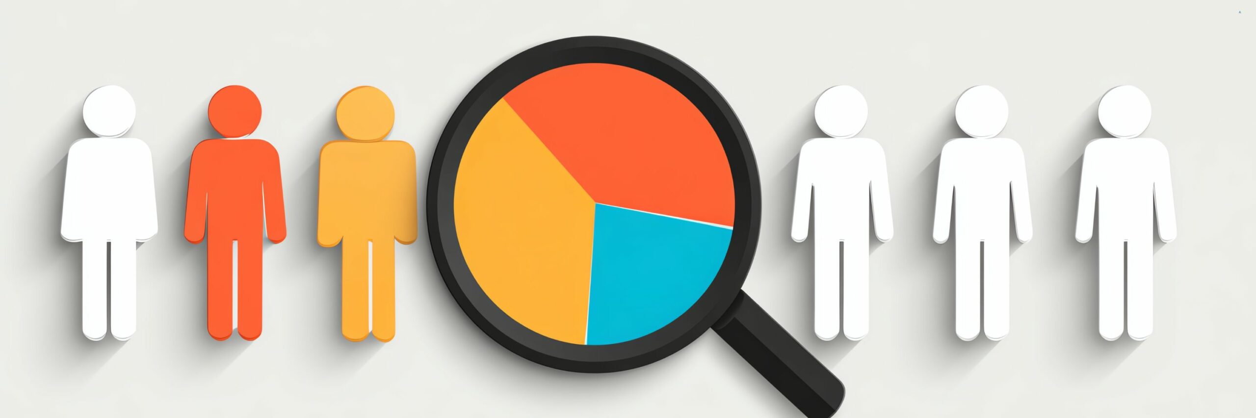 Illustration représentant un groupe de silhouettes de personnes stylisées (trois à gauche, trois à droite) avec une grande loupe au centre. La loupe magnifie un graphique circulaire (camembert) divisé en trois segments de couleurs (orange, jaune et bleu turquoise), symbolisant l'analyse de données ou l'étude de marché au sein d'un public cible pour l'élaboration de stratégies marketing digitales 2025. Deux des silhouettes (celle de gauche et celle juste à droite du centre) sont également colorées (rouge et jaune), tandis que les autres sont blanches, mettant l'accent sur la segmentation ou les tendances.