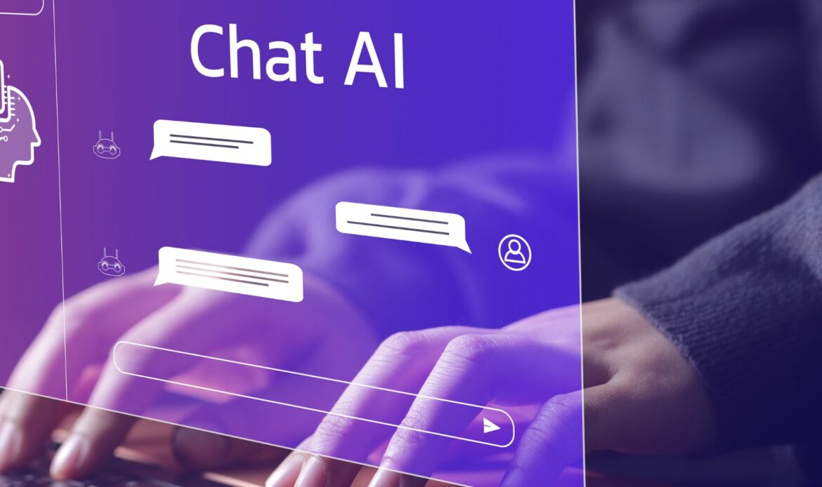 Gros plan sur les mains d'une personne tapant sur le clavier d'un ordinateur portable. Une interface graphique violette translucide, intitulée "Chat AI", est superposée à l'image. Cette interface affiche une conversation simulée avec des bulles de dialogue, des icônes de robots et d'utilisateurs, ainsi qu'un menu latéral comportant des options comme "Clear", "Light mode", "Updates" et "Log out".