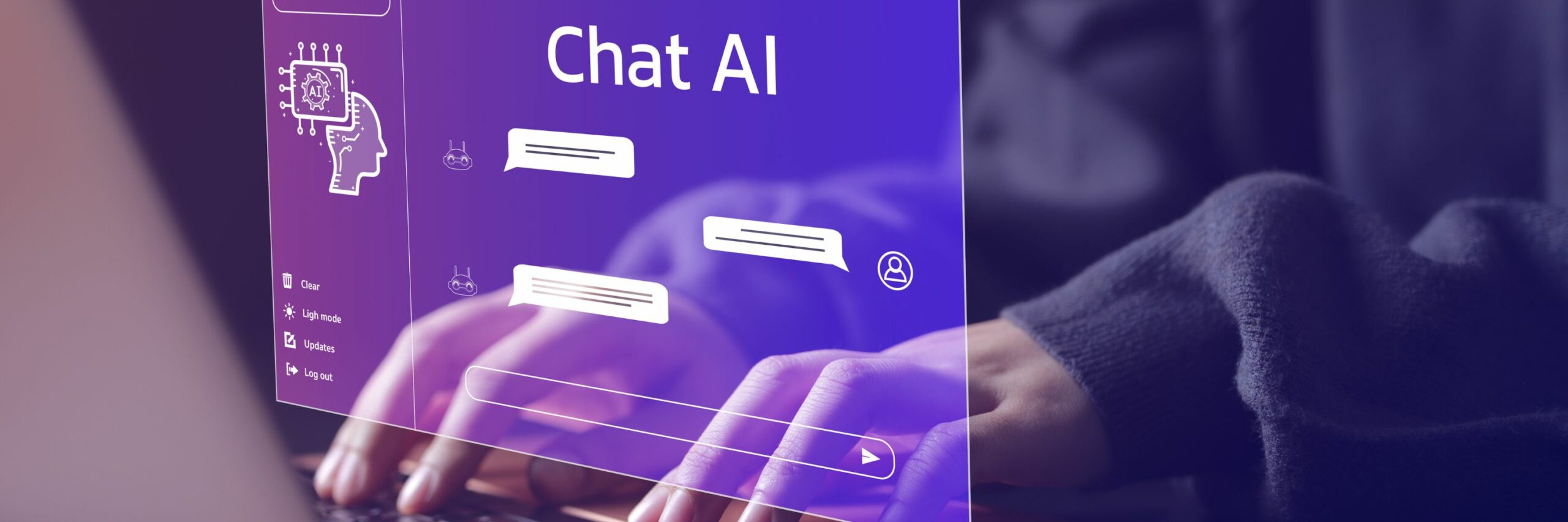Gros plan sur les mains d'une personne tapant sur le clavier d'un ordinateur portable. Une interface graphique violette translucide, intitulée "Chat AI", est superposée à l'image. Cette interface affiche une conversation simulée avec des bulles de dialogue, des icônes de robots et d'utilisateurs, ainsi qu'un menu latéral comportant des options comme "Clear", "Light mode", "Updates" et "Log out".